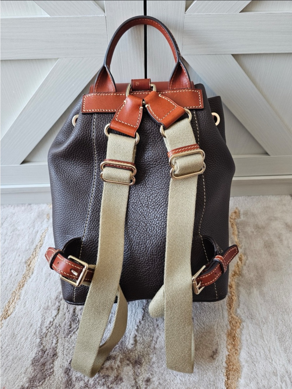 Dooney & Bourke Dark Brown Pebbled Leather Backpack with Saddle Tan Trim - Picture 5 of 7